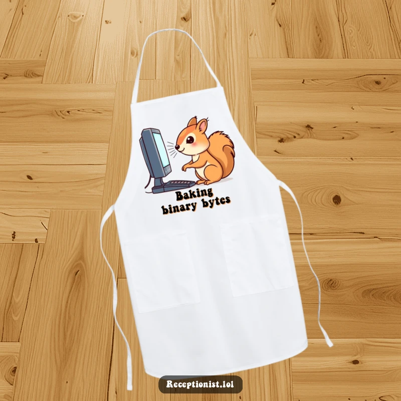 Funny apron featuring a squirrel as a chef, intensely working on a computer, combining cooking and tech themes.