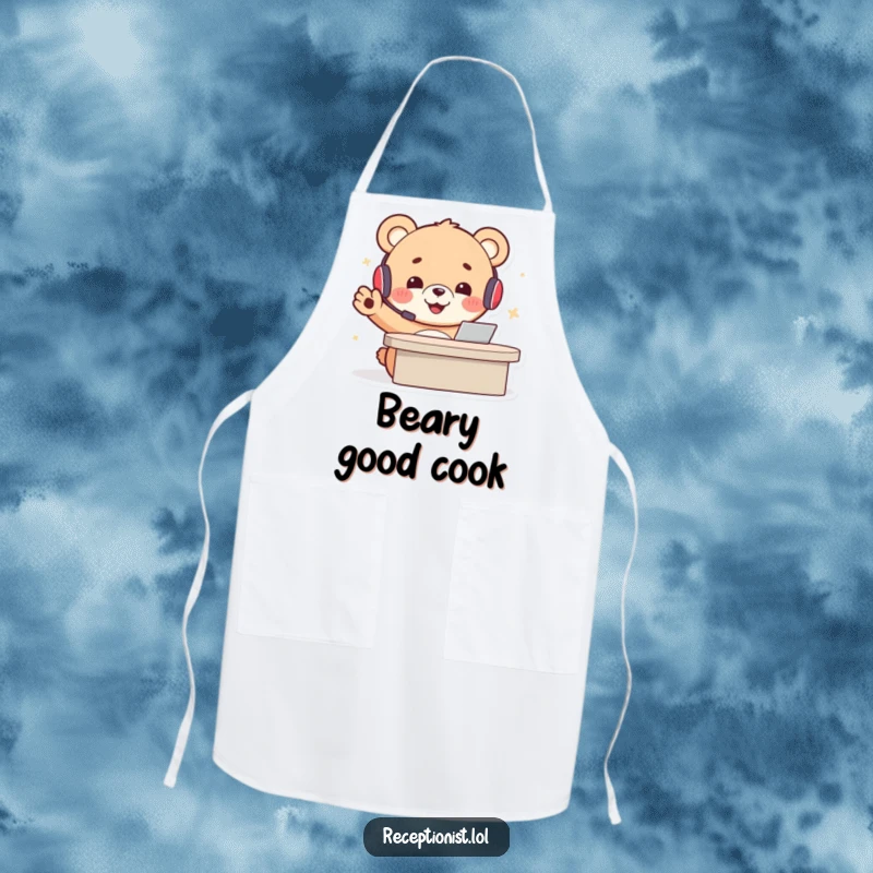 Funny bear receptionist apron with a cheerful cartoon bear cub in a headset, gesturing welcomingly, a humorous kitchen accessory.