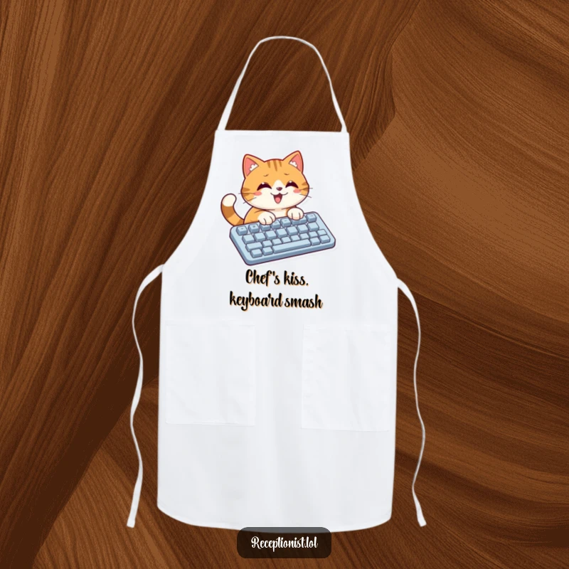 Funny cat wearing an apron and typing on a huge keyboard, a humorous kitchen accessory and gift.