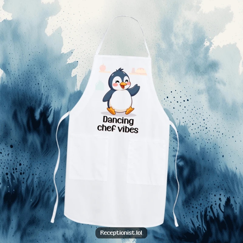 Funny penguin doing a greeting dance at a counter, perfect for a humorous kitchen apron.