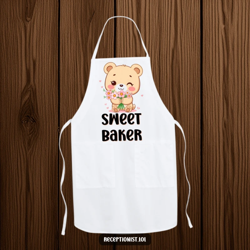 Funny bear cub apron featuring a sweet character holding a bouquet of flowers with a gentle smile, bringing humor and sweetness to the kitchen.