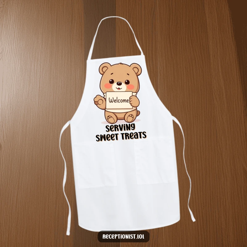 Smiling bear in a smock, offering a pamphlet, on a funny apron, ideal for kitchen humor and spreading warmth.