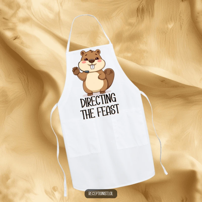 Funny beaver apron, directing in the kitchen, headset on, organized chef theme, humorous gift for cooks.