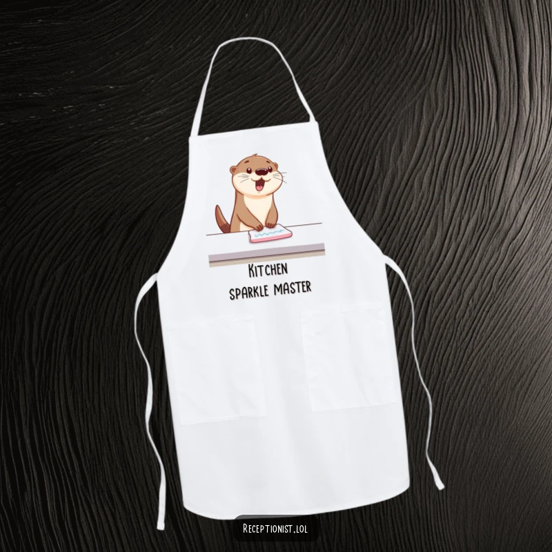 Funny Apron showing a bouncing otter wiping a counter with energetic, happy swipes, humorous kitchen accessory for cleaners.