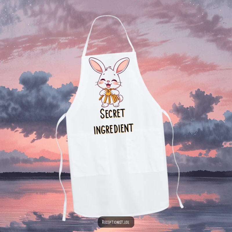 Funny bunny apron featuring a joyful character politely offering keys with a nod and a wink, bringing humor and good luck to the kitchen.