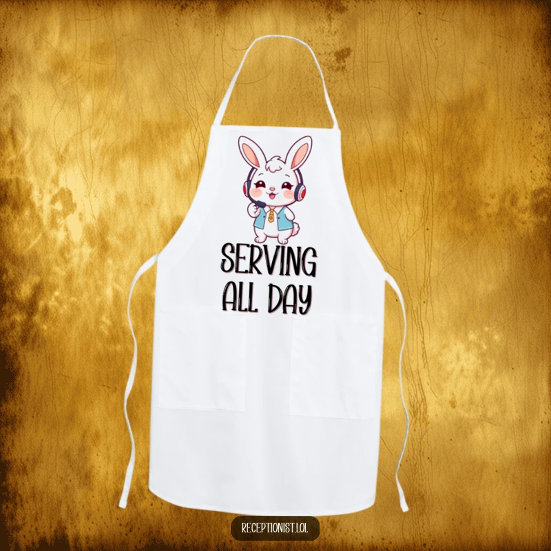 Funny cute bunny receptionist wearing a headset, smiling warmly and pointing forward on an apron.