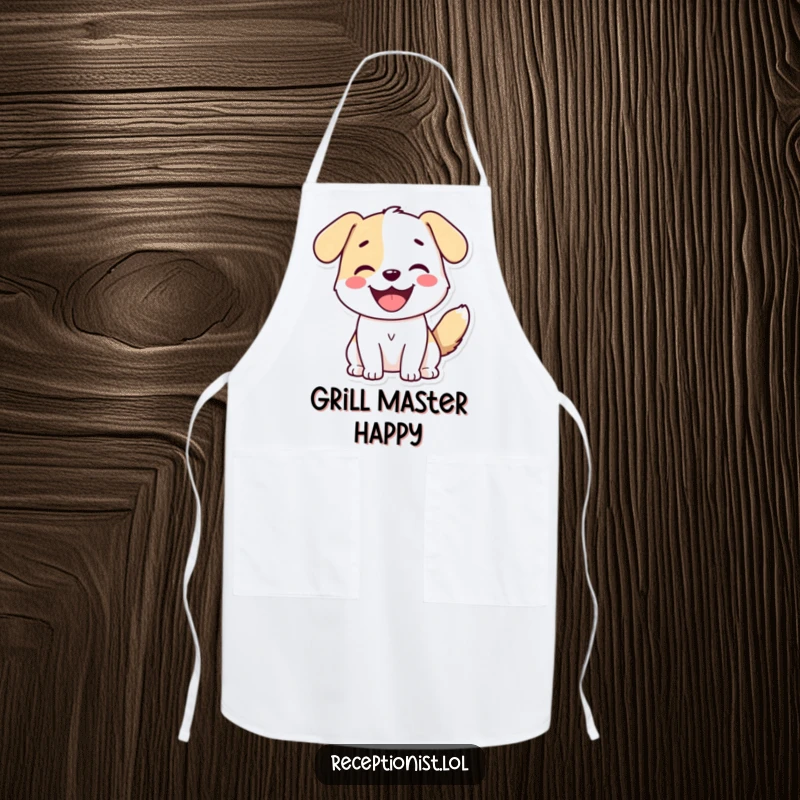 Funny Dog Greeting Apron showing a cute dog with a wagging tail and smile, ready to serve.