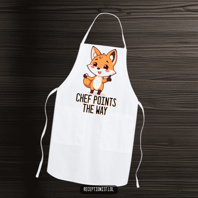 Funny fox guide apron, pointing with a smile, perfect for cooking and adding a touch of humor.