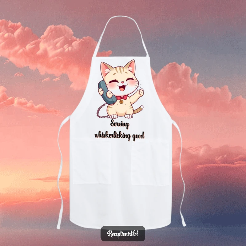 Funny giggling cat receptionist apron, kitchen wear with a joyful, phone-wielding cat, perfect for cooking enthusiasts.
