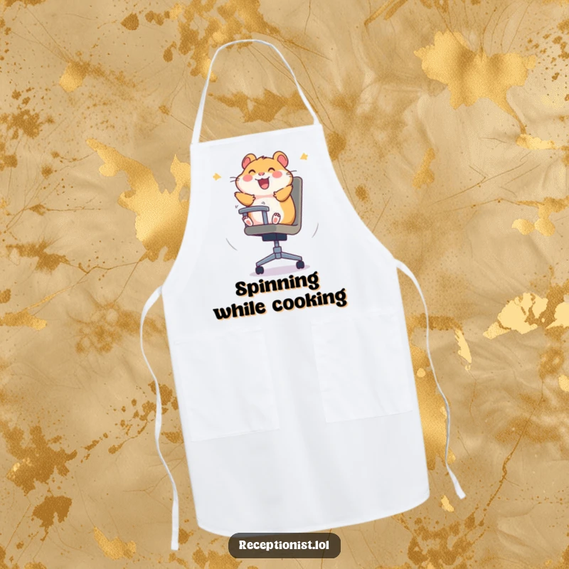 Funny hamster apron showing a hamster joyfully spinning in an office chair, perfect for a humorous cooking gift.