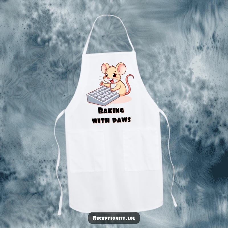 Funny apron with a cheerful mouse enthusiastically pressing large computer keyboard buttons with tiny paws, a humorous accessory.