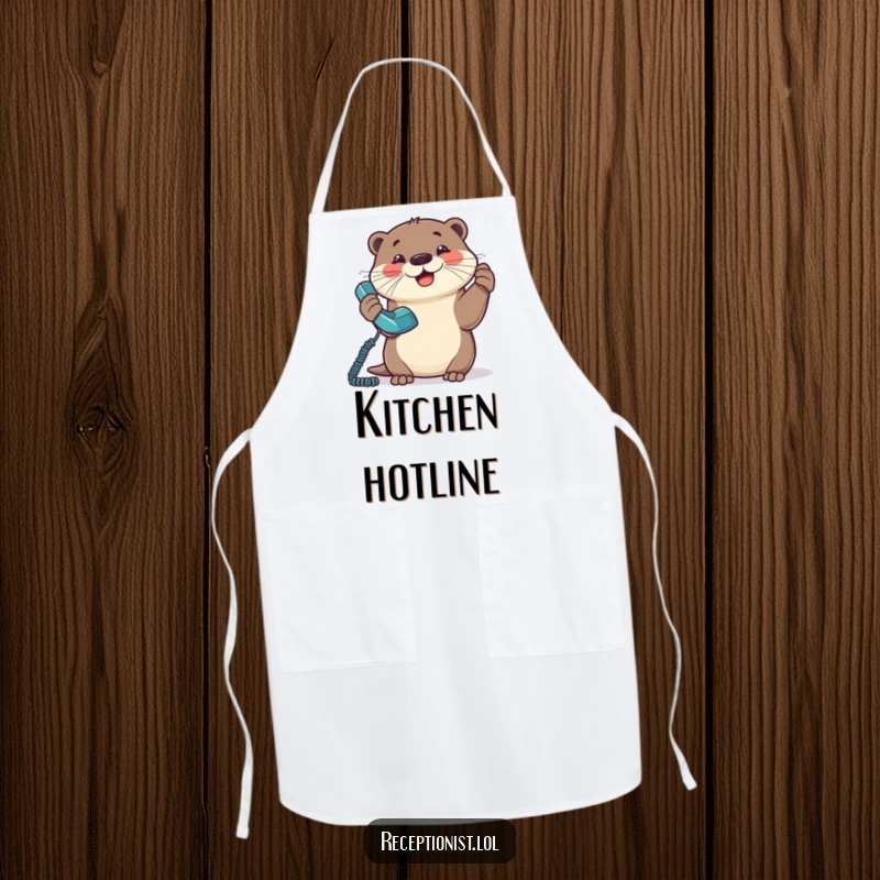 Funny Otter Apron showing a happy otter energetically answering a ringing phone while preparing food.