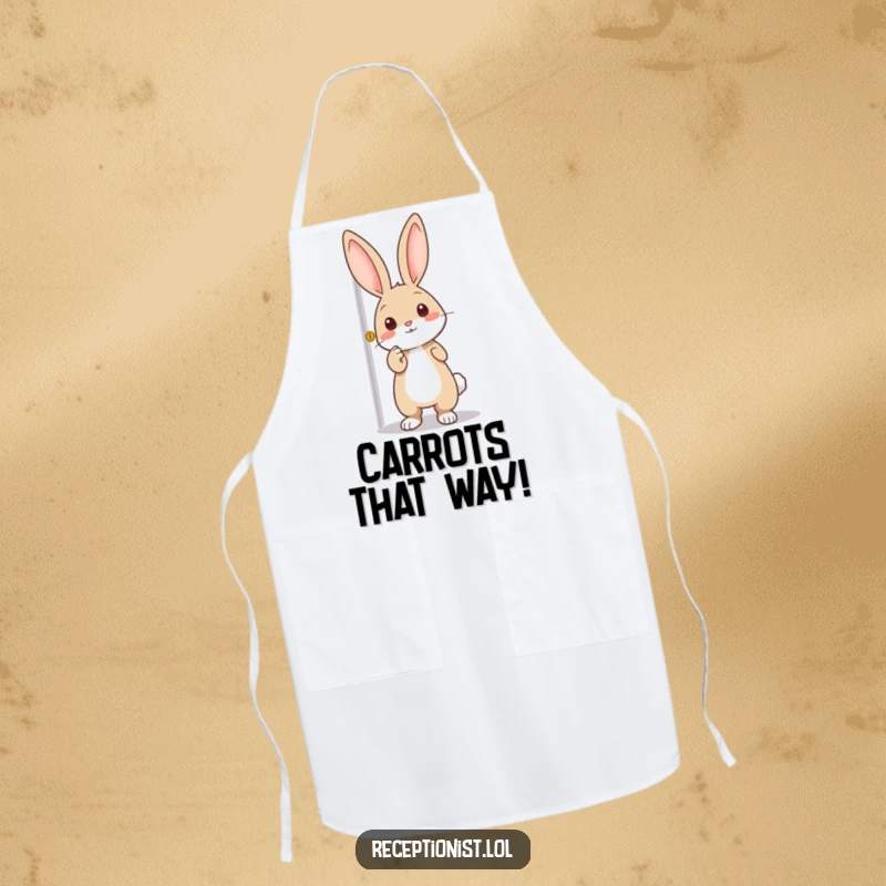 Funny apron featuring an excited rabbit pointing towards a door, ready to inspire culinary adventures in the kitchen.