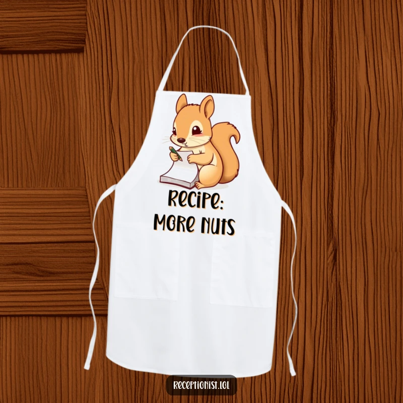 Funny apron depicting a diligent squirrel taking notes on a small notepad, ready to assist in the kitchen with organization.