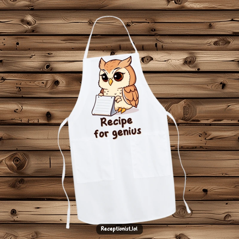 Funny Apron showing a wise owl peering intently at a notepad with a serene expression, humorous kitchen accessory for thinkers.