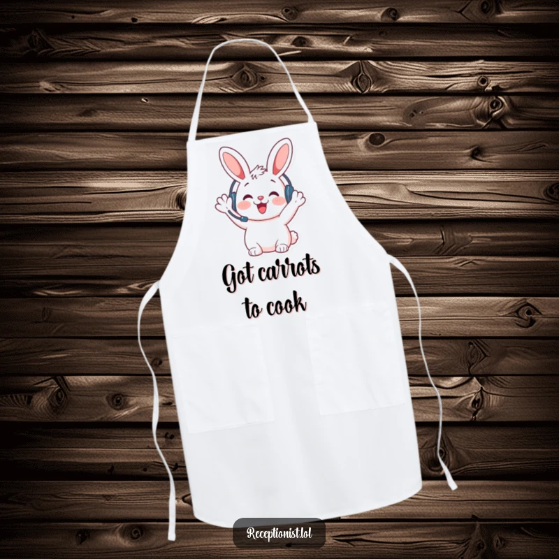 Funny bunny welcome apron, wearing a headset and waving, perfect for kitchen tasks with a cheerful and friendly attitude.