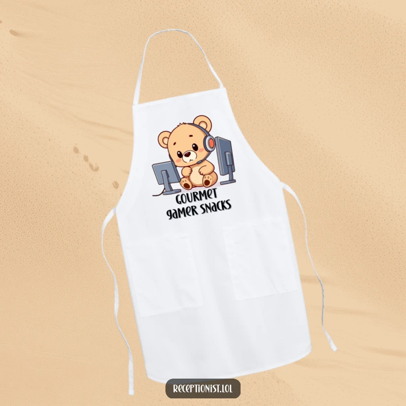 Funny bear cub in an apron, headset on, pointing at a computer screen, humorous kitchen accessory.