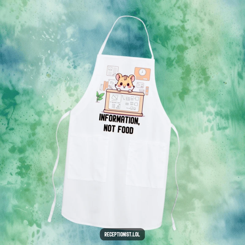 Funny apron depicting a small hamster peeking over a large information desk, ready to assist in the kitchen with humor.