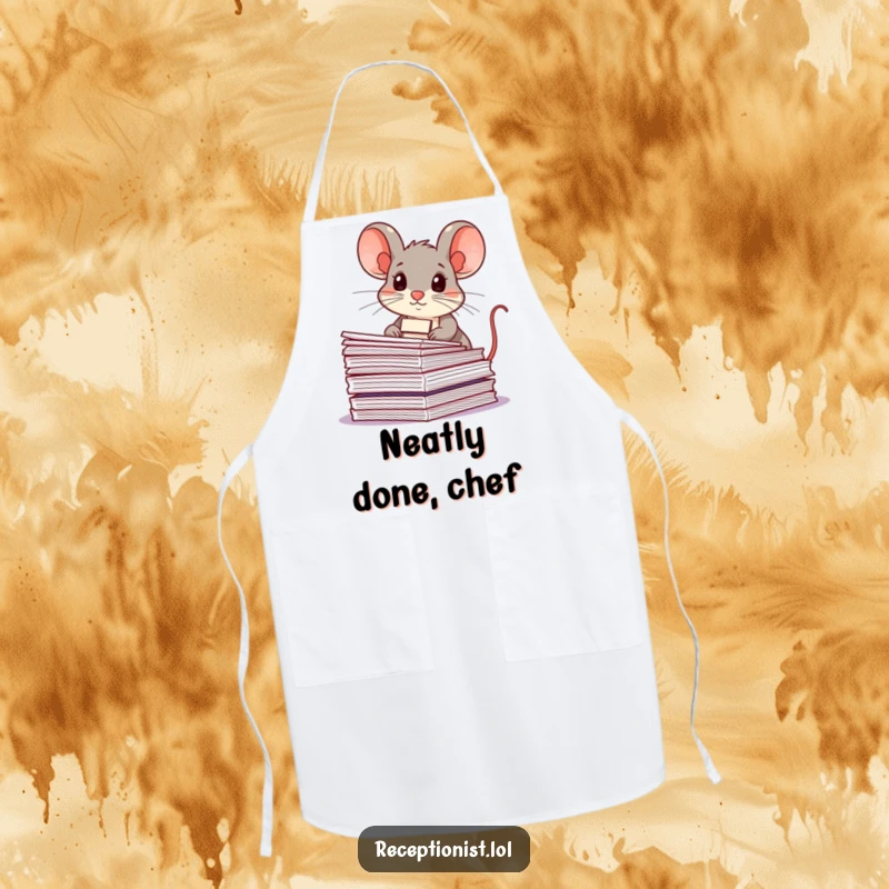 Determined mouse with a name tag, organizing papers, printed on a funny apron, ideal for kitchen humor and a tidy workspace.