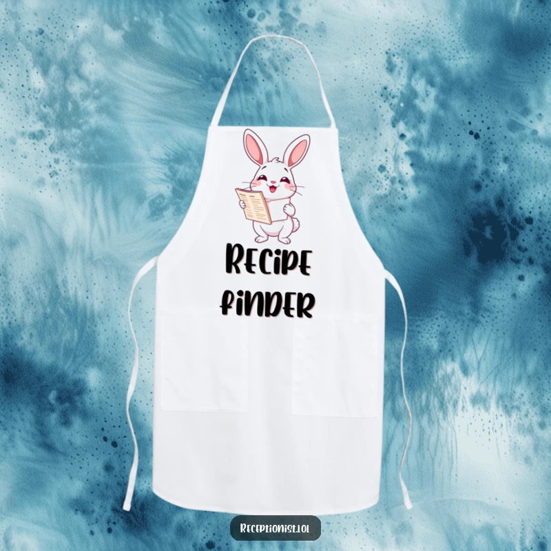 Funny cartoon rabbit holding a directory in a chef's apron, smiling helpfully, humorous kitchen wear, culinary organization joke.