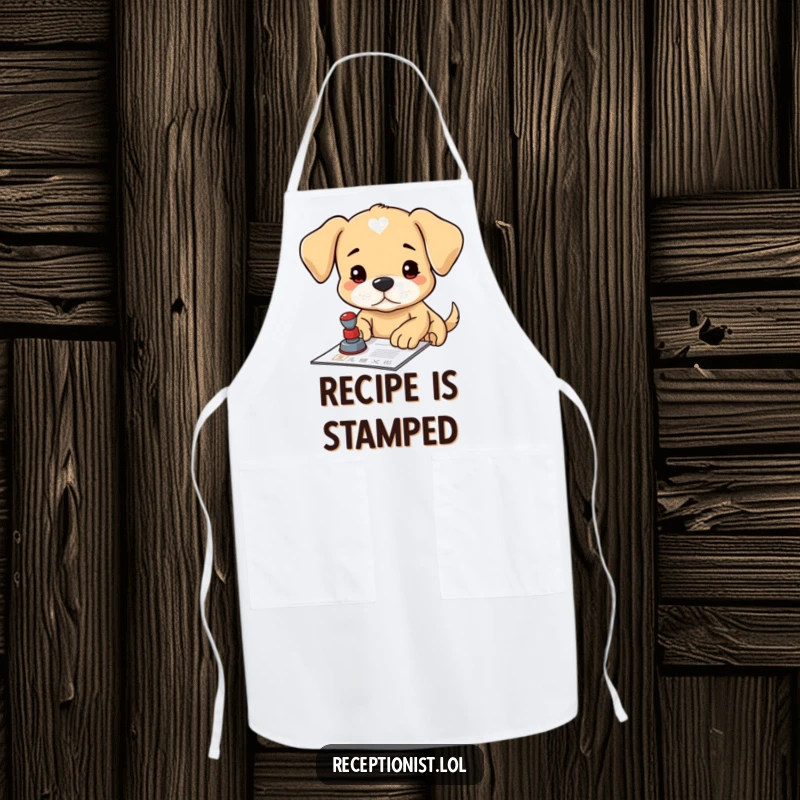 Funny puppy official apron, stamping a document with focus, perfect for kitchen tasks with canine charm.