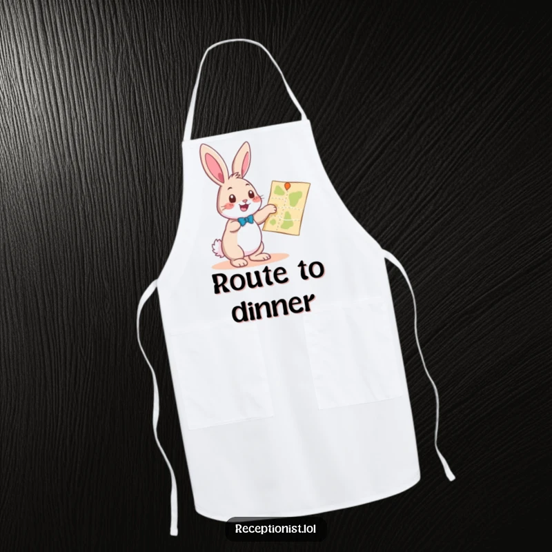 Funny playful bunny pointing towards a map with a helpful gesture, durable kitchen apron, humorous cooking accessory for chefs.