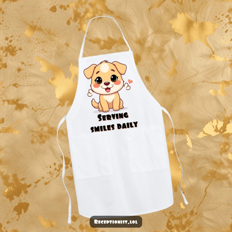 Funny apron featuring a helpful dog character giving a welcoming nod, perfect for adding cheer to the kitchen.