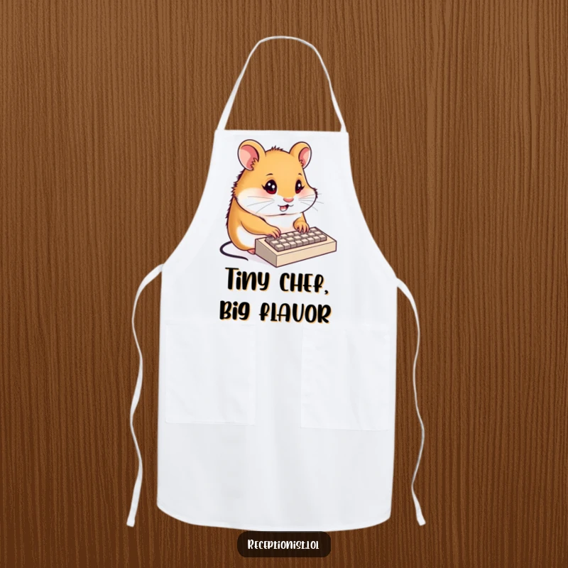 Funny hamster receptionist apron, a determined hamster typing on a tiny keyboard with focused energy, kitchen wear, humorous for cooking.