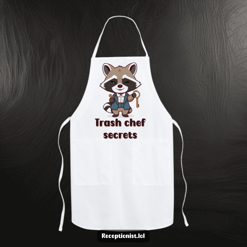 Funny raccoon receptionist apron, a winking raccoon passing a key with a sly smile, kitchen wear, humorous for cooking.