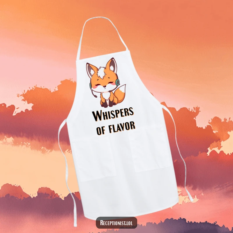 Funny curious fox wearing an earpiece and nodding thoughtfully, durable kitchen apron, humorous cooking accessory for chefs.