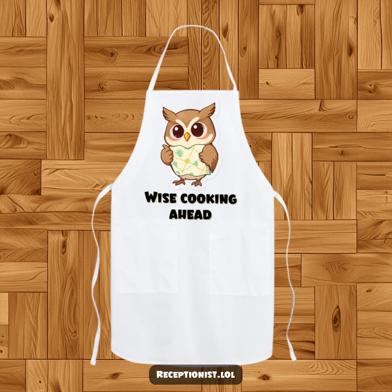 Funny apron featuring a curious owl pointing to a map with a wise expression, ideal for cooks who love to explore and learn.