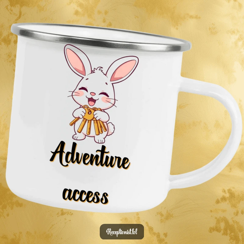 Funny bunny camping mug showing a joyful character politely offering keys with a nod and a wink, perfect for outdoor enjoyment and good luck.