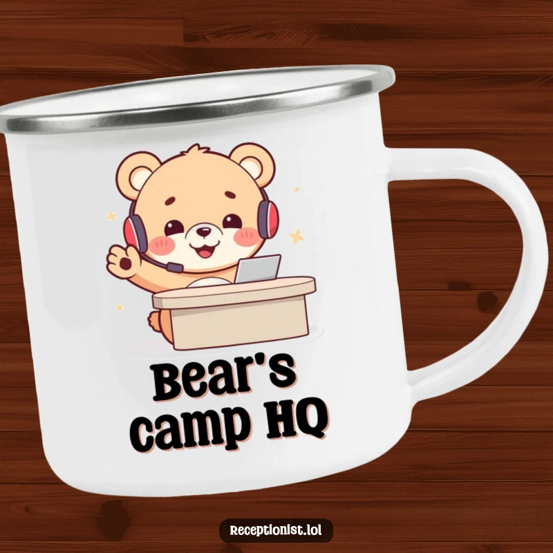 Funny bear receptionist camping mug with a cheerful cartoon bear cub in a headset, gesturing welcomingly, ready for outdoor adventures.