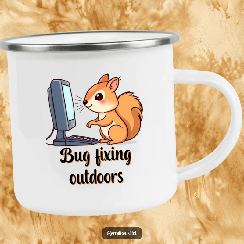 Funny enamel camping mug with a determined squirrel working on a computer, ideal for outdoor tech enthusiasts.