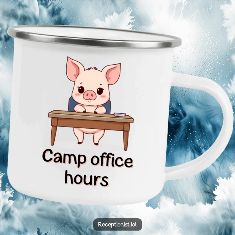 Funny Piglet Campfire Mug showing a cute piglet behind a desk, looking expectantly at an unseen guest, perfect for humorous outdoor enjoyment.