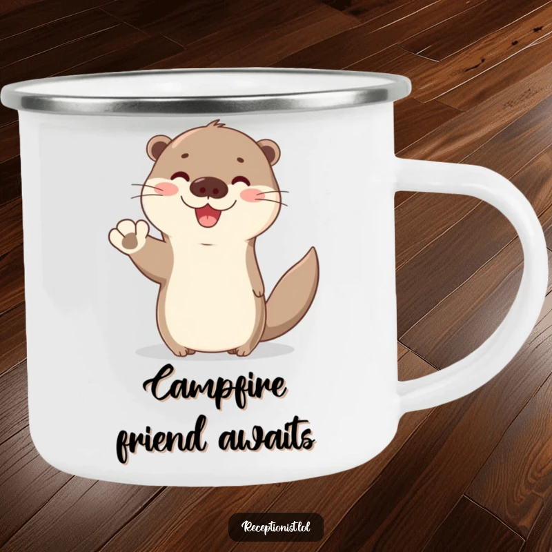 Funny Otter Campfire Mug showing a cute otter waving hello with a bright, friendly expression, perfect for humorous outdoor enjoyment.