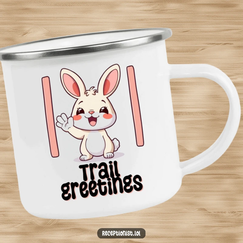 Funny camping mug with a happy bunny enthusiastically waving hello, perfect for outdoor enthusiasts and hosts.