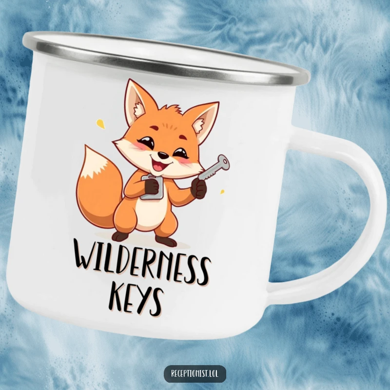 Funny camping mug with a determined fox mischievously juggling keys, perfect for outdoor enthusiasts and planners.