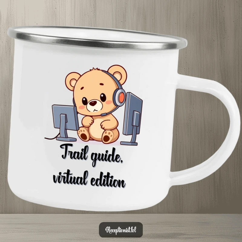 Funny bear cub wearing a headset and pointing at a computer, printed on a camping mug.