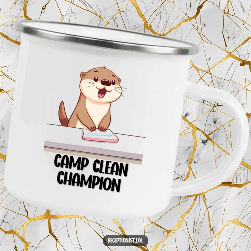 Funny Camping Mug with a bouncing otter wiping a counter with energetic, happy swipes, durable and humorous for campers.