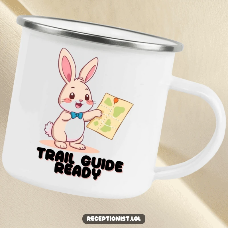 Funny playful bunny pointing towards a map with a helpful gesture, enamel camping mug, humorous drinkware for outdoor enthusiasts.