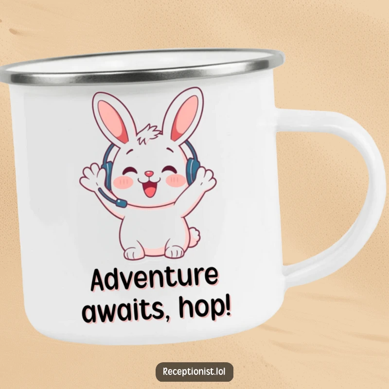 Funny bunny welcome camping mug, wearing a headset and waving, perfect for outdoor adventures with a cheerful vibe.