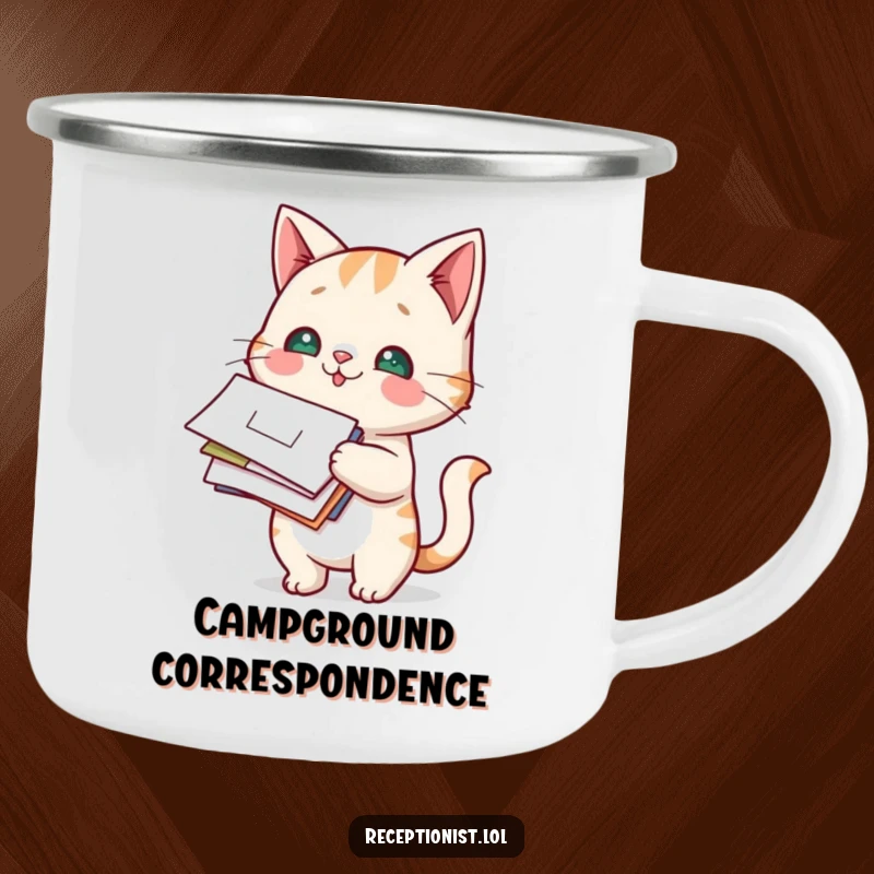 Funny Cat Mail Carrier Camping Mug depicting a curious cat holding a stack of mail in an outdoor setting.
