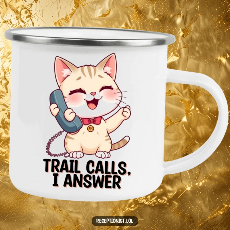 Funny giggling cat receptionist camping mug, durable enamel cup with a happy, call-handling cat, for outdoor enthusiasts.