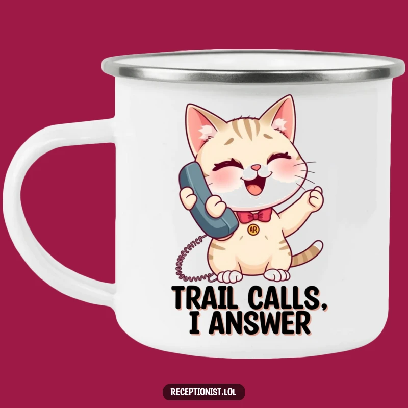 Funny Giggling Cat Receptionist Camping Mug - Adventure & Hilarious Gift