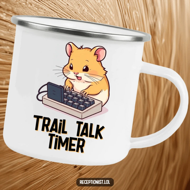 Funny determined hamster typing furiously on a miniature computer keyboard, enamel camping mug, humorous drinkware for outdoor enthusiasts.