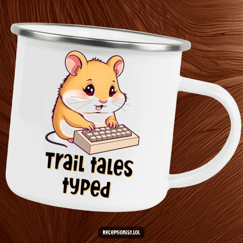 Funny hamster receptionist camping mug, a determined hamster typing on a tiny keyboard with focused energy, durable, for outdoor adventures.