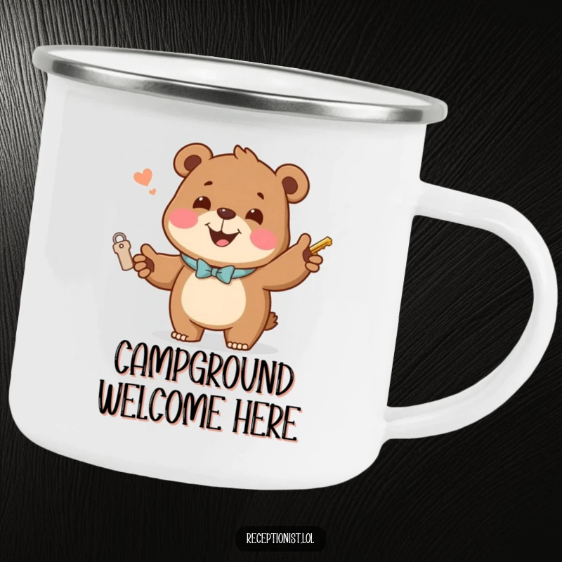 Funny Camping Mug with a jovial bear handing out room keys with a welcoming smile, durable and humorous for campers.