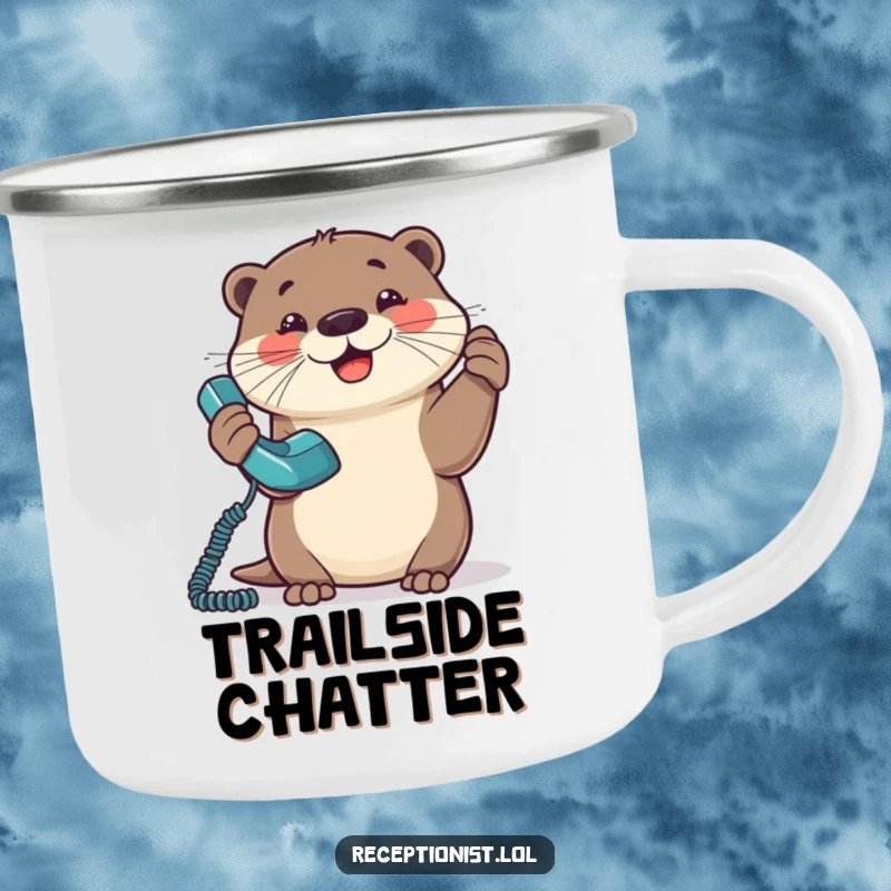 Funny Otter Camping Mug depicting a happy otter answering a ringing phone in an outdoor setting.