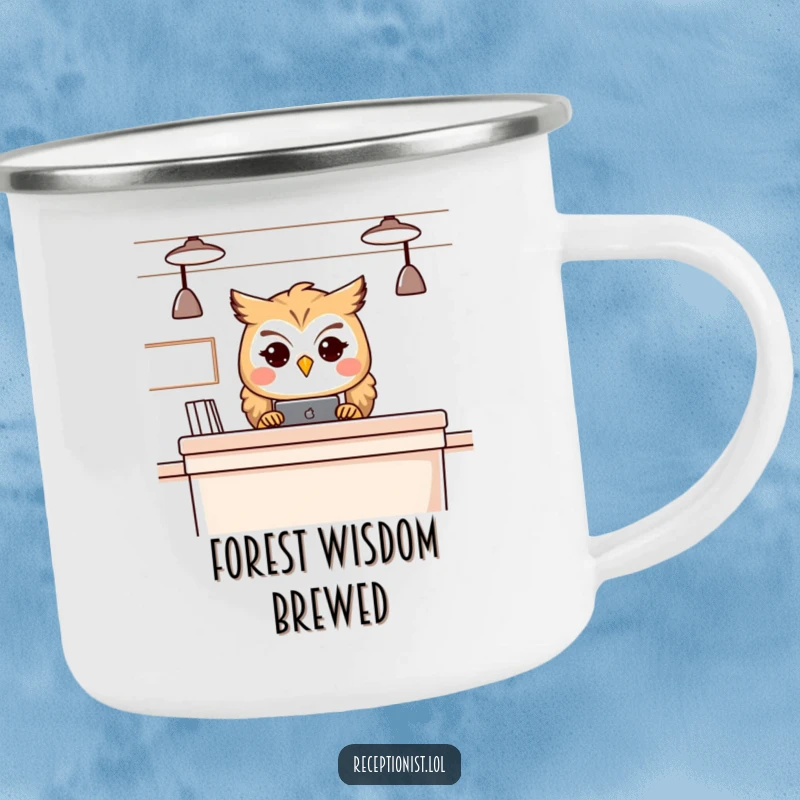 Funny owl receptionist camping mug, durable cup featuring a wise owl, perfect for enjoying beverages outdoors.